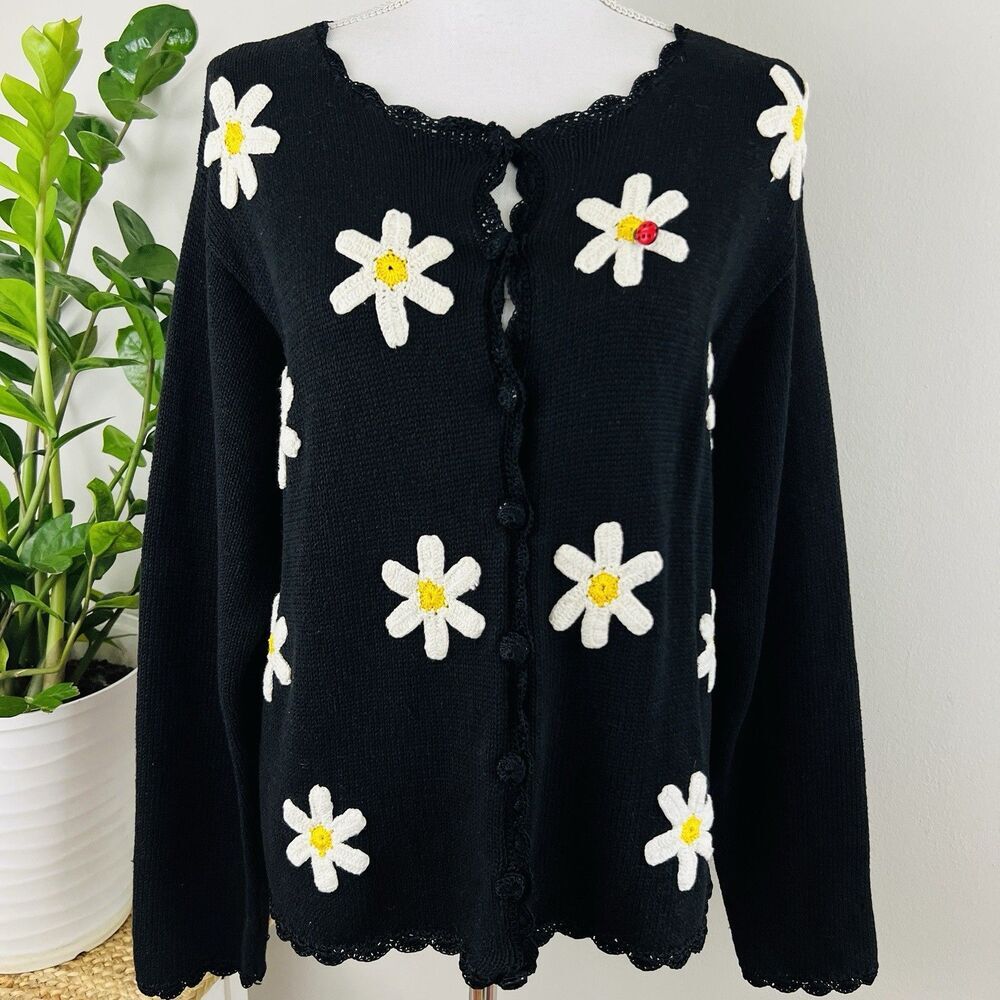 Vtg Shenanigans Black Daisy & Ladybug Y2K Cottagecore Knitted Cardigan Sweater M - Picture 1 of 10
